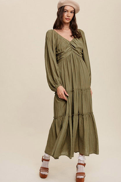 Green V Neck Bowknot Cutout Frill Tiered Maxi Dress