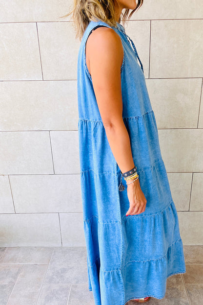 Real Teal Sleeveless Tiered Chambray Maxi Dress