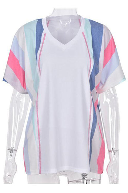 Pink Stripe Patchwork V Neck T Shirt