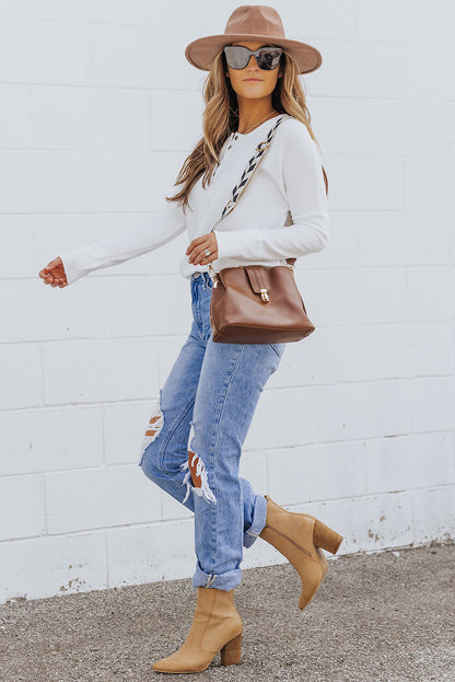 Orange Casual Waffle Button Front Knit Henley Top