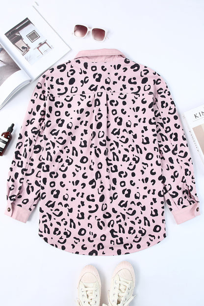 Pink Leopard Collared Neckline Flap Pockets Corduroy Jacket