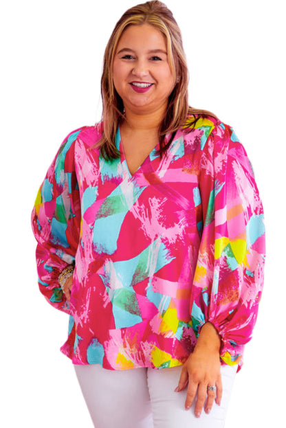 Plus Size Graffiti Print Split Neck Puff Sleeve Blouse