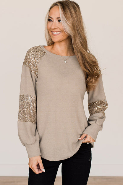 Flaxen Sequin Patched Round Neck Long Sleeve Top