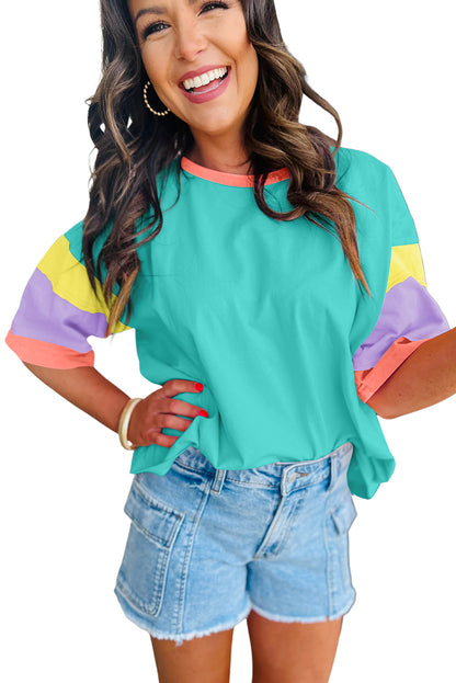 Light Blue Color Block Sleeve Round Neck Oversize Top