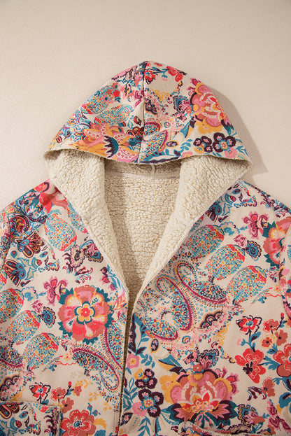 Khaki Vintage Paisley Floral Printed Sherpa Lined Hooded Jacket