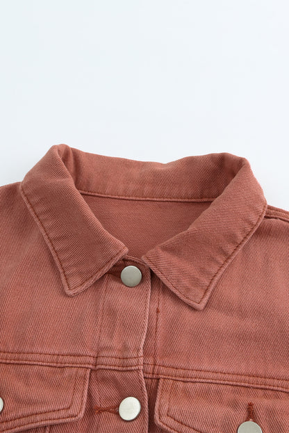 Red Distressed Raw Hem Pocket Buttons Denim Jacket