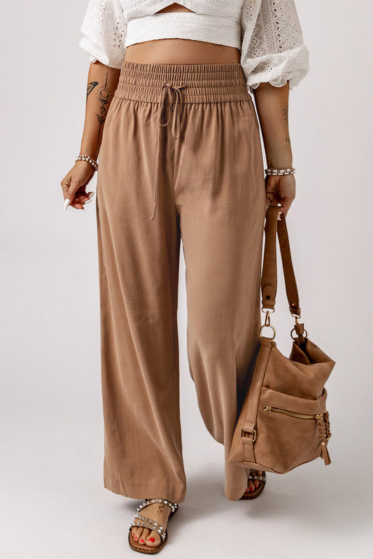 Black Casual Drawstring Shirred Elastic Waist Wide Leg Pants