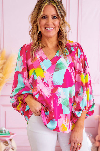 Plus Size Graffiti Print Split Neck Puff Sleeve Blouse