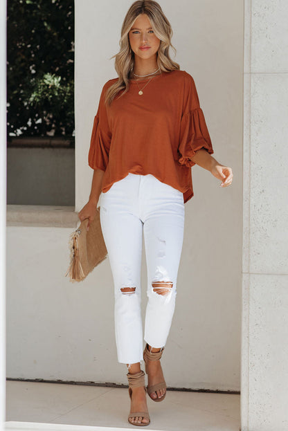 Orange Solid Color Casual Bishop Sleeve Blouse