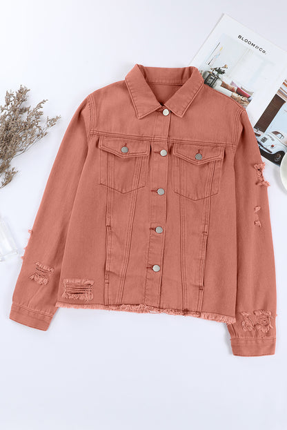 Red Distressed Raw Hem Pocket Buttons Denim Jacket