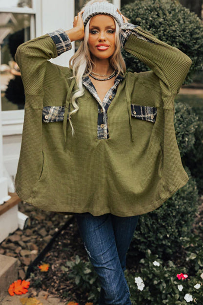 Green Waffle Knit and Flannel Henley Oversized Hoodie