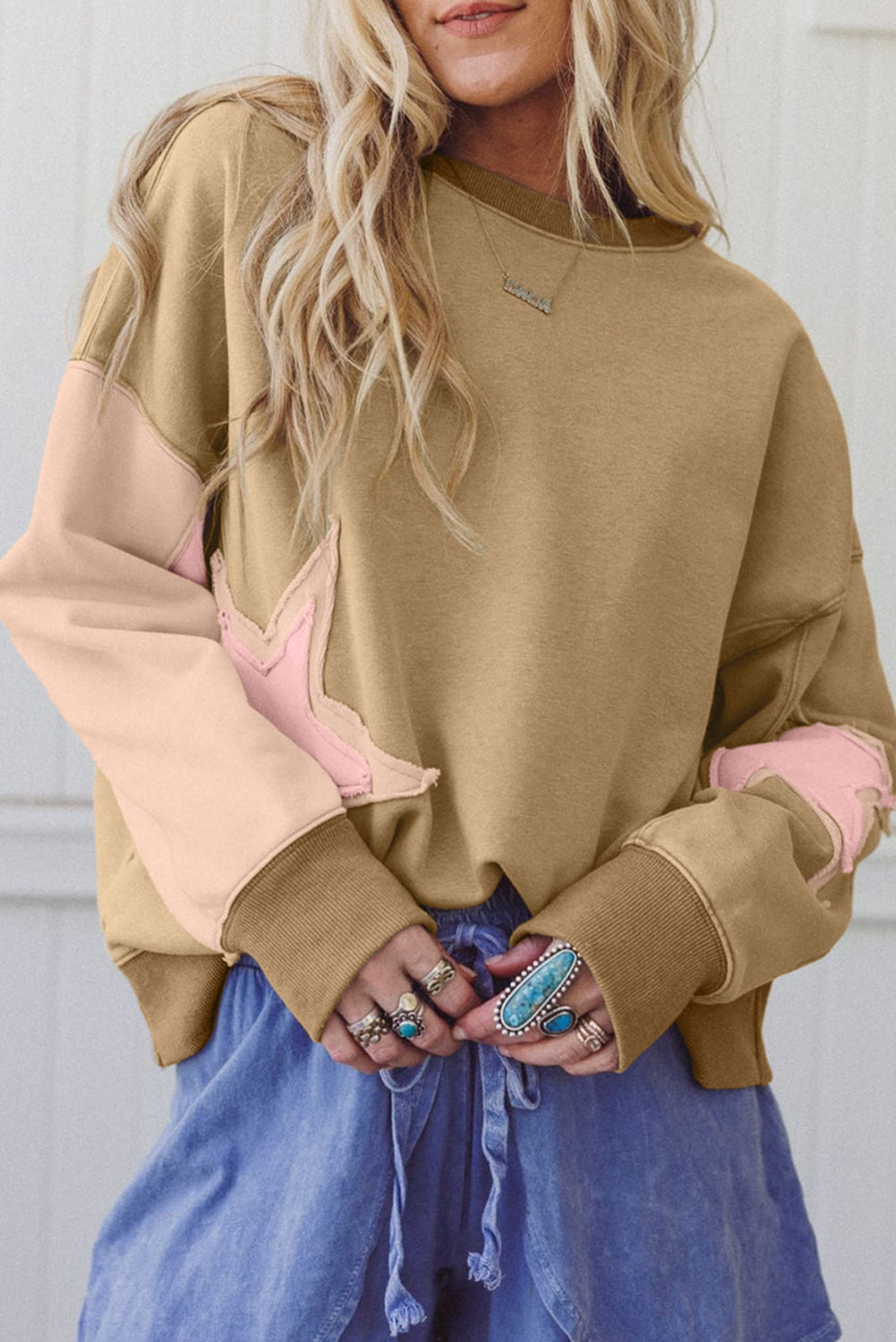 Sage Green Star Patchwork Exposed Seam Uneven Hem Sweatshirt