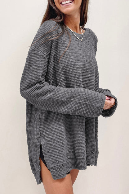 Black Plain Waffle Knit Drop Sleeve Side Slits Oversized Top