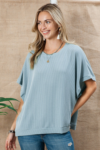 Sky Blue Plain Ribbed Knit Batwing Sleeve Tunic Oversized T Shirt