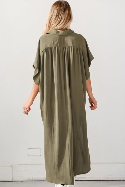 Jungle Green Loose High Low Side Slits Short Sleeve Shirt Dress