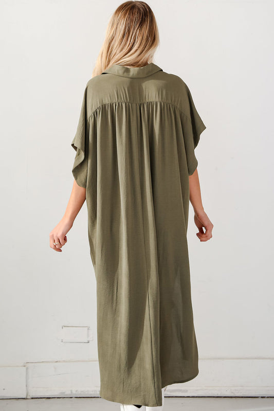 Jungle Green Loose High Low Side Slits Short Sleeve Shirt Dress