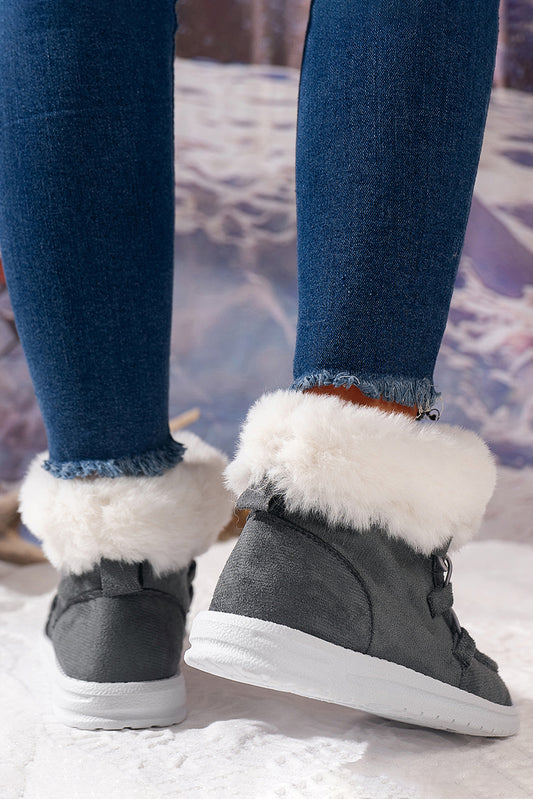 Dark Grey Suede Square Toe Plush Lined Drawstring Ankle Boots