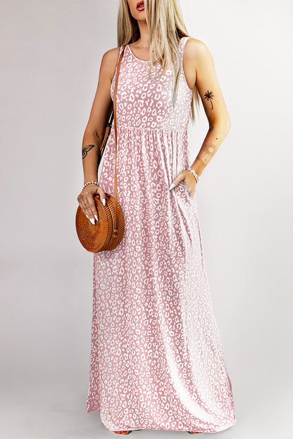 Sleeveless Floor Length Leopard Print Dress with Pockets