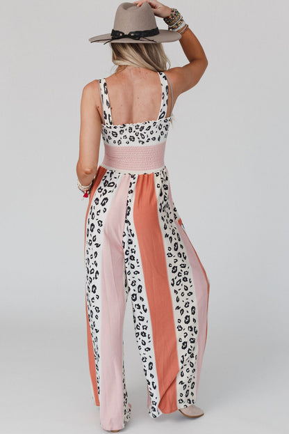 Leopard Color Block Mix Print Pocketed Jumpsuit