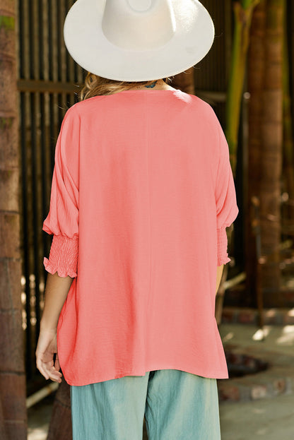 Rosy Solid Casual Smocked Cuffs Top