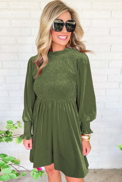 Green Smocked Lantern Sleeve Frilled Velvet Dress