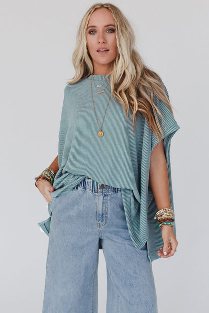 Sky Blue Plain Ribbed Knit Batwing Sleeve Tunic Oversized T Shirt