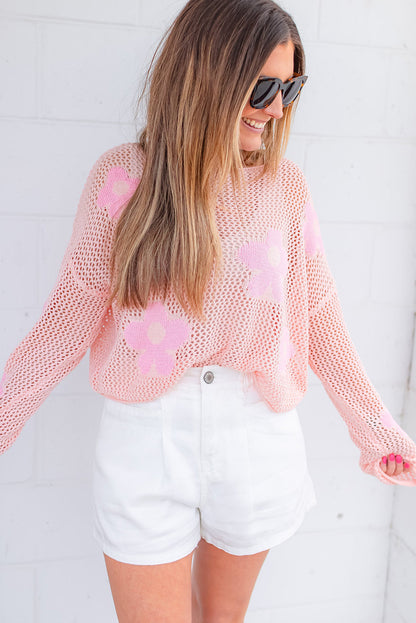 Light Pink Flower Drop Shoulder Hollow Knit Top