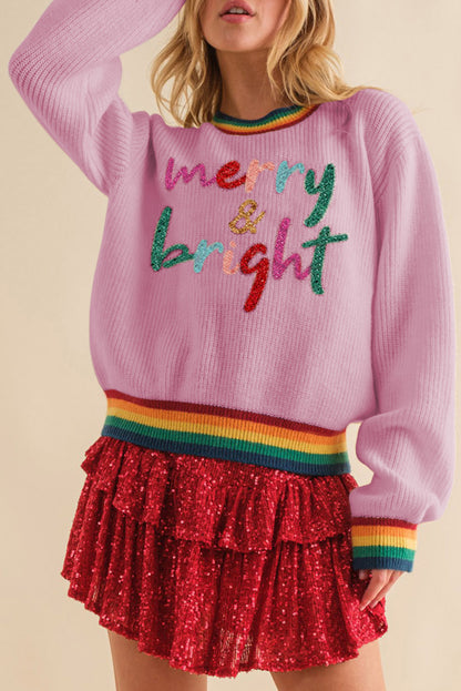 White Glitter Merry & Bright Rainbow Striped Trim Sweater