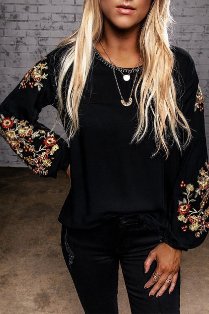 Black Flower Embroidered Jewel Neckline Long Sleeve Shirt