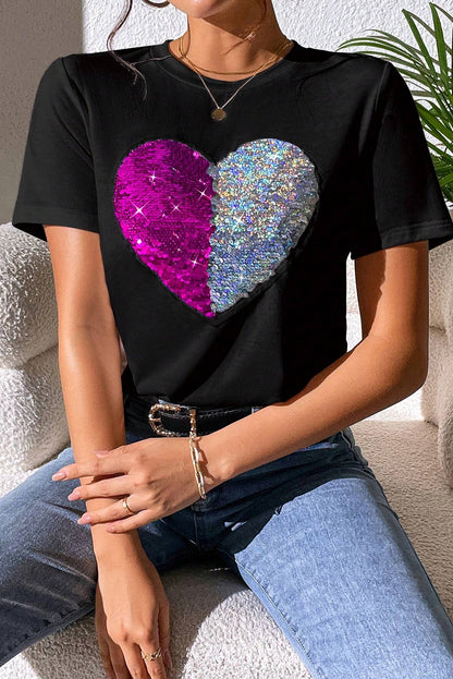 Black Valentine Two Tone Sequin Heart Graphic Tee