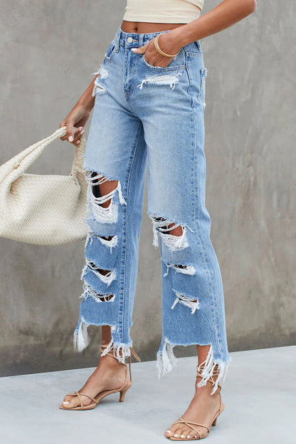 Blue Heavy Destroyed Raw Hem Wide Leg Jeans