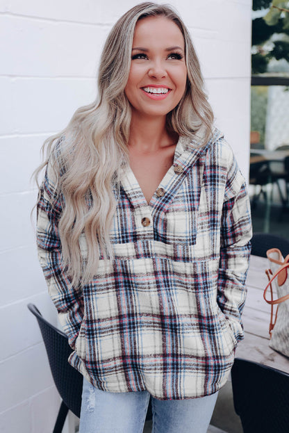 Khaki Plaid Button Neck Pocketed Pullover Hoodie