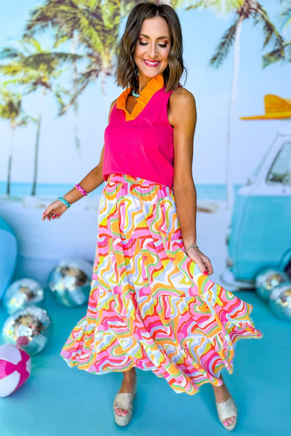 Pink Bohemian Abstract Print Tiered Maxi Skirt