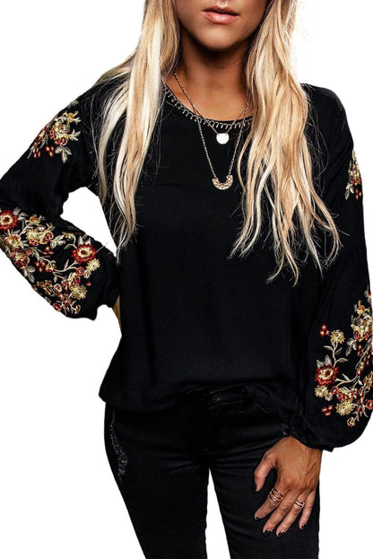 Black Flower Embroidered Jewel Neckline Long Sleeve Shirt