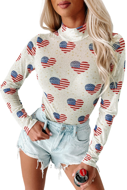 White Heart USA Flag Print Glitter Mesh Bodysuit