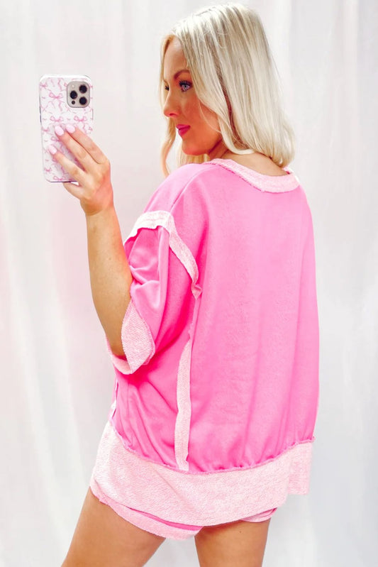 Sachet Pink Terry Cloth Patchwork Oversized Top & Shorts Set