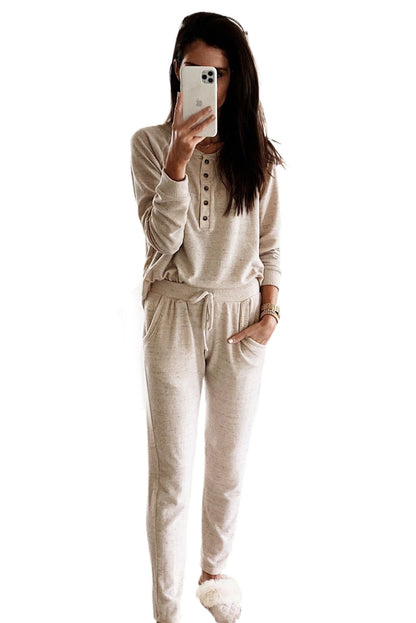 Apricot Long Sleeve Button Top & Drawstring Pants Set