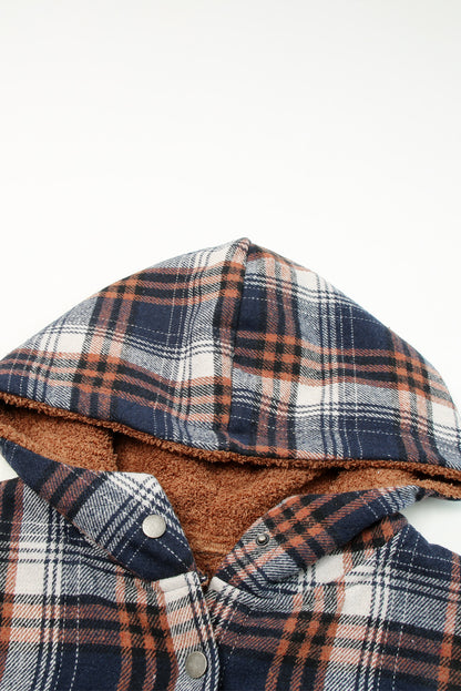 Khaki Snap Button Sherpa Lined Hooded Flannel Jacket