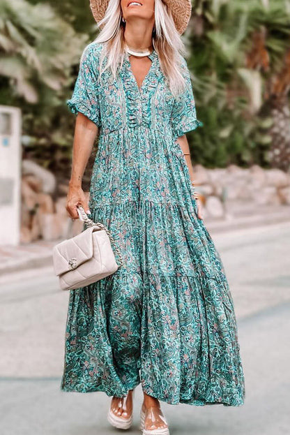 Paisley Print Split V Neck Tiered Boho Maxi Dress