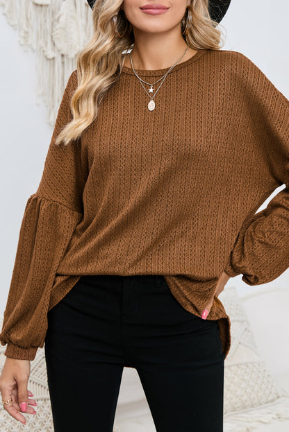 Brown Solid Color Textured Pullover Casual Long Sleeve Top