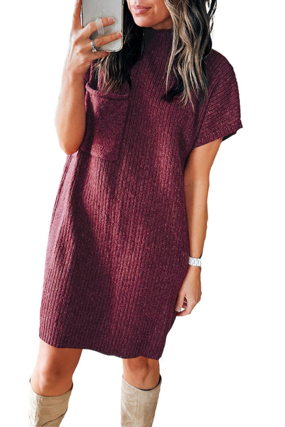 Red Patch Pocket Ribbed Knit Short Sleeve Sweater Dress