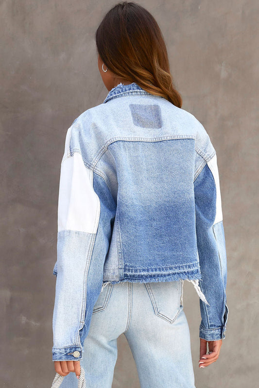 Color Block Denim Patchwork Frayed Hem Jacket