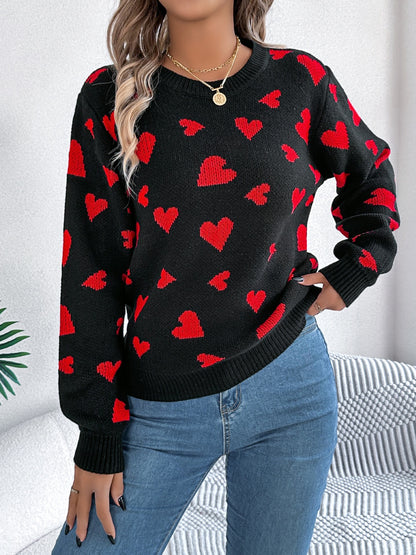 Heart Round Neck Long Sleeve Sweater