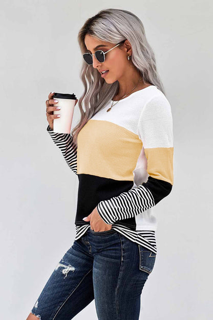 Color Block Stripes Trim Patchwork Casual Textured Long Sleeve Top