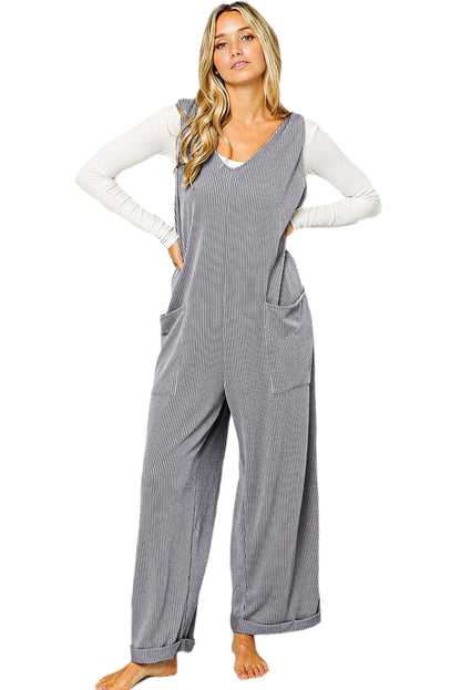 Parchment Pockets Oversized Ribbed Wide Leg Jumpsuit