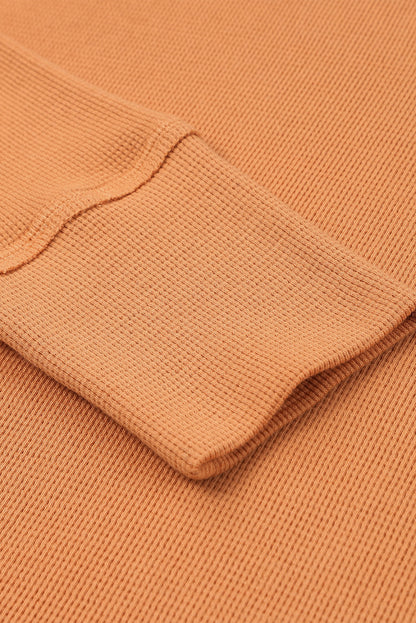 Orange Casual Waffle Button Front Knit Henley Top