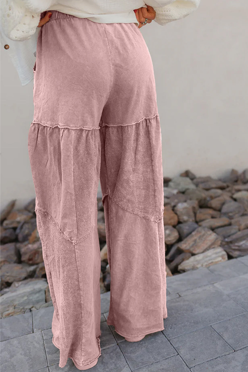 Vineyard Green Mineral Wash Tiered Wide Leg Patchwork Drawstring Pants