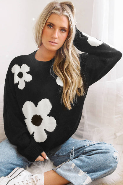 Black Flower Pattern Ribbed Trim Knit Sweater