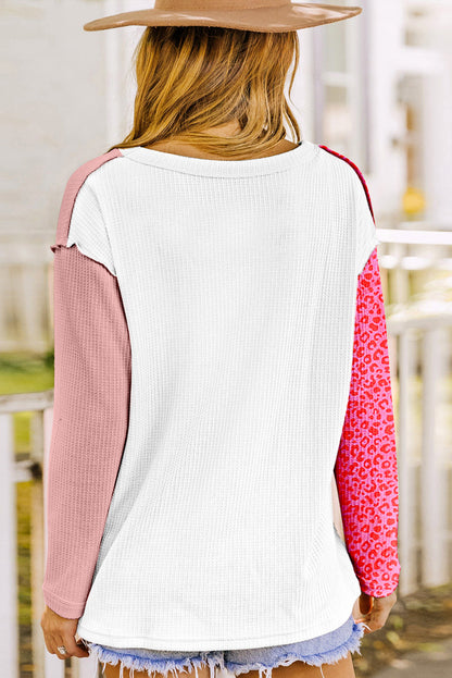 Pink and White Color Block Leopard Print Waffle Knit Long Sleeve Top