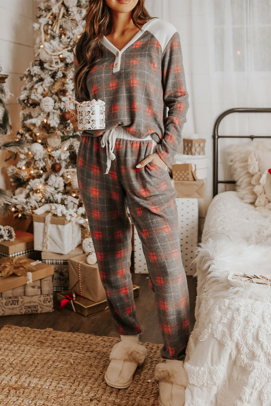 Grey Plaid Button V Neck Top & Drawstring Pants Loungewear Set